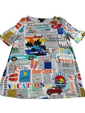 Ali Miles All Over Print Knit Tunic Size S Small Vacation Short Sleeve Newspaper